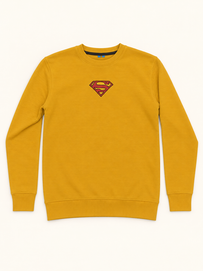 Mustard crew neck sweatshirt with a small red and yellow shield chest graphic, full sleeve cuffs and ribbed hem.