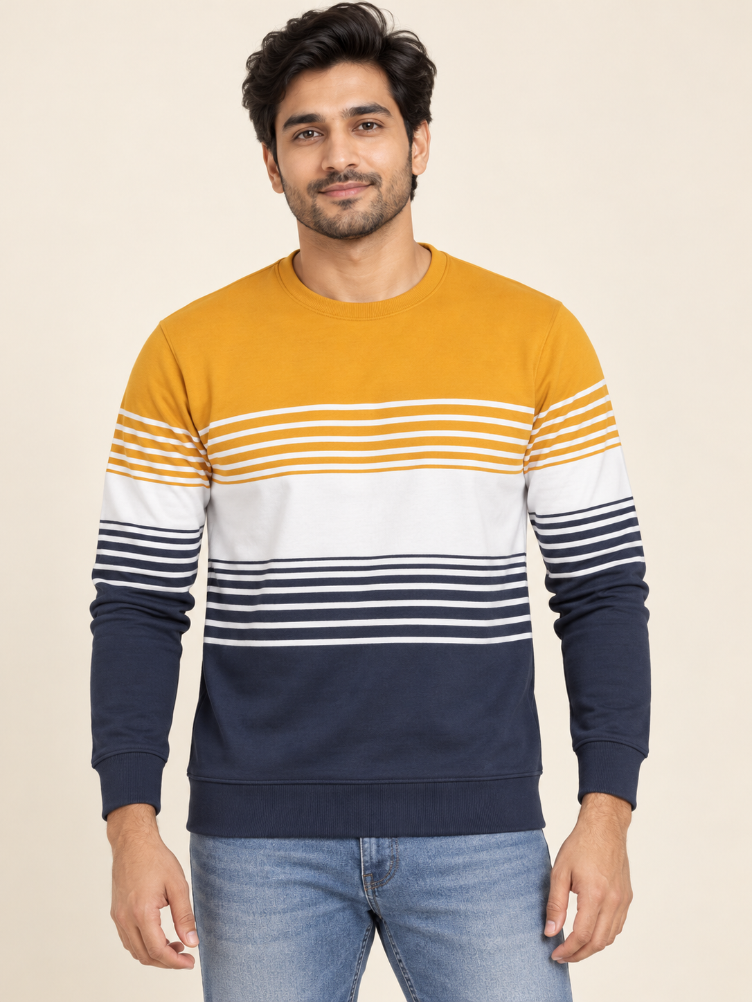 Mustard, white and navy striped colour block long sleeve crew neck sweatshirt on an adult model.