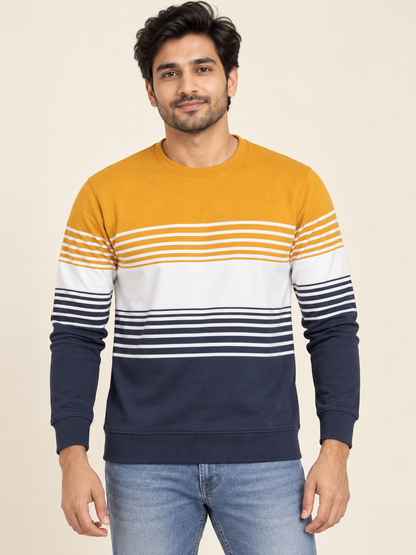 Mustard, white and navy striped colour block long sleeve crew neck sweatshirt on an adult model.