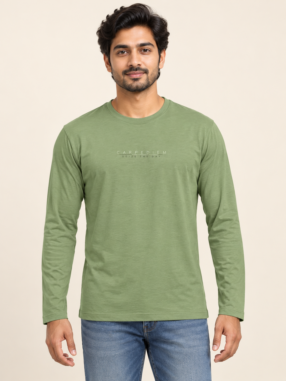 Olive green long sleeve crew neck T-shirt with small Carpediem chest print on an adult male model.