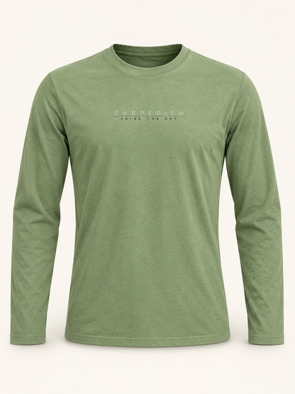 Olive green long sleeve crew neck T-shirt with small Carpediem chest print, full front product view.