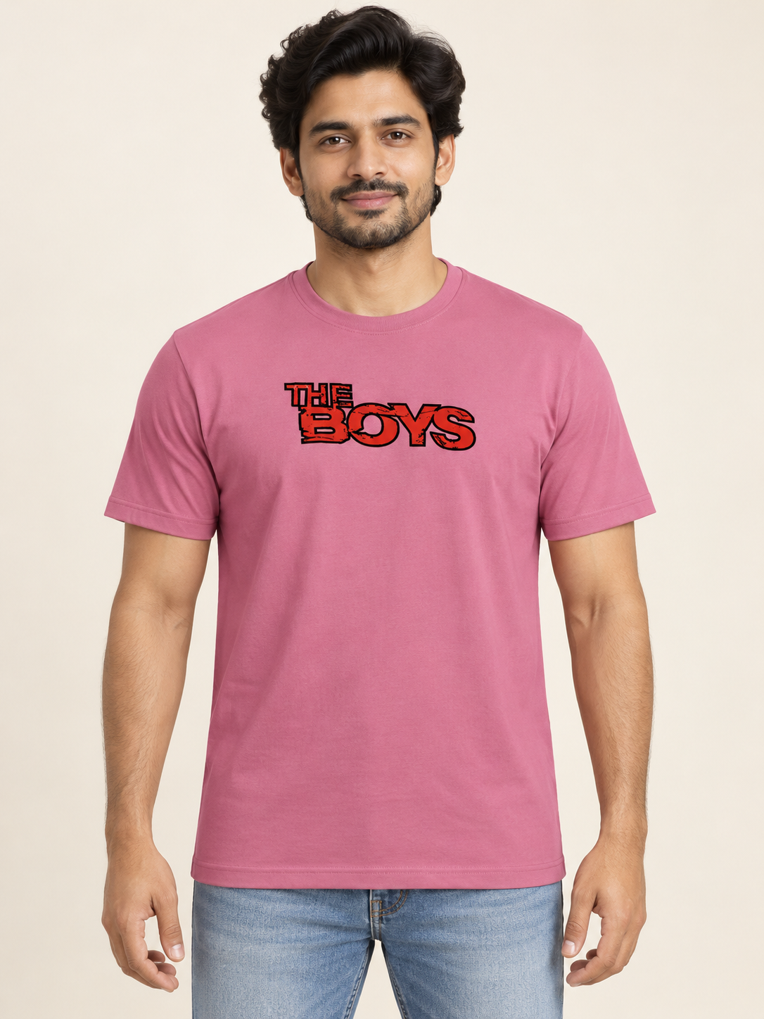 The Boys Graphic T-Shirt - Dusty Rose on an adult male model, front view.