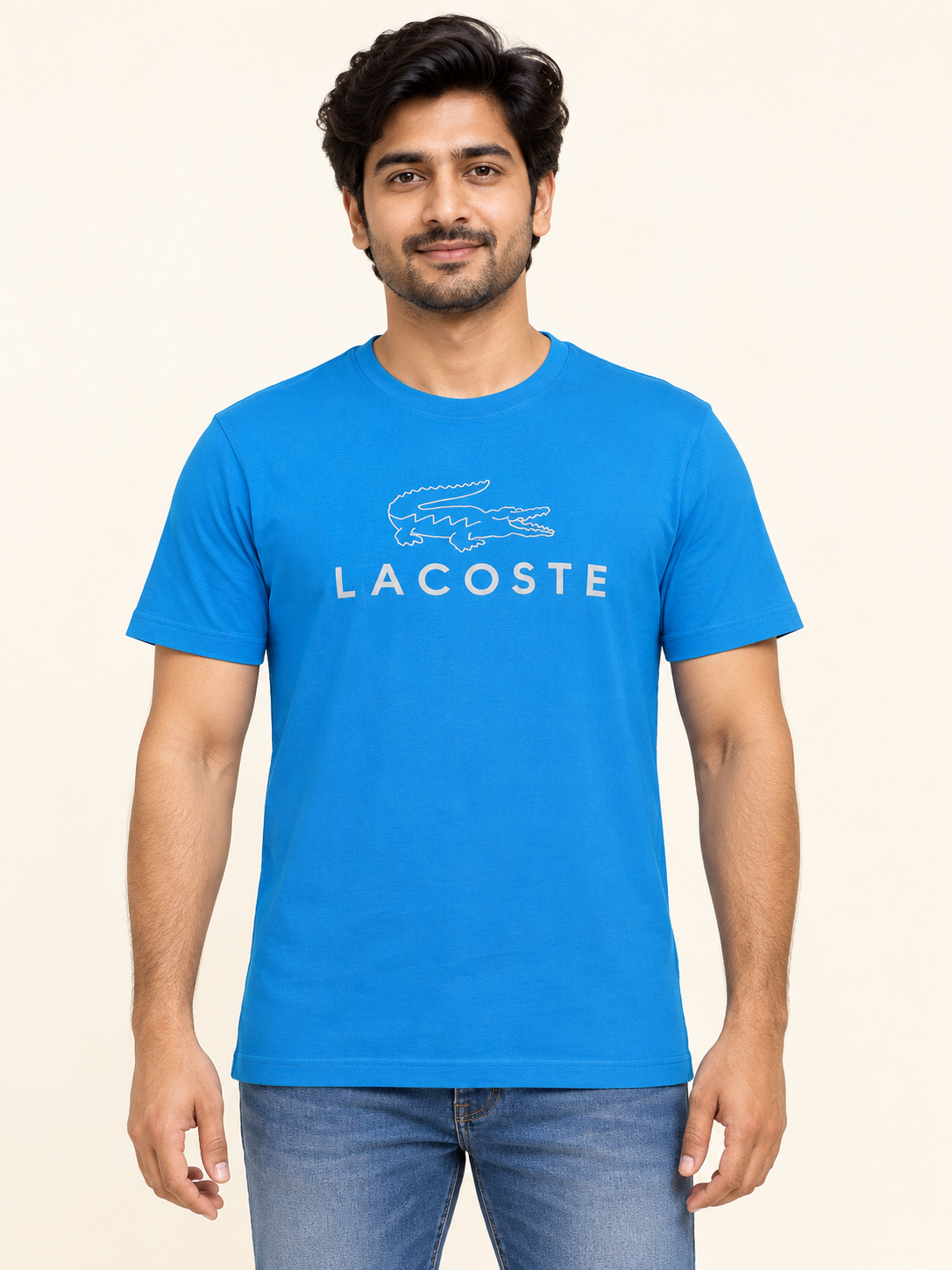 Crocodile Outline Graphic T-Shirt - Cyan Blue on an adult male model, front view.