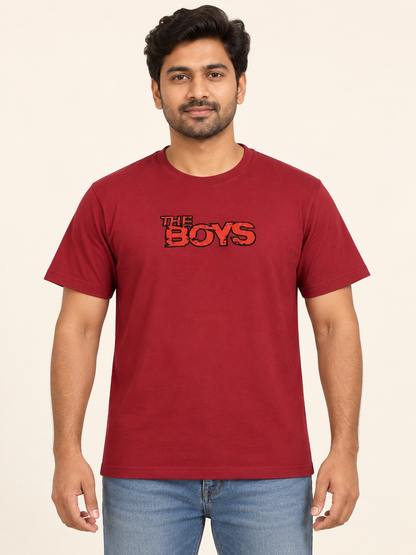 The Boys Graphic T-Shirt - Burgundy on an adult male model, front view.