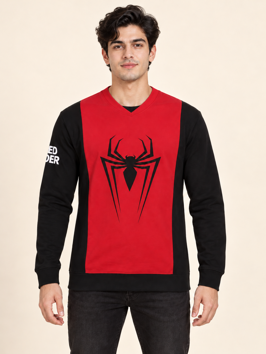 Spider Graphic V Neck Full Sleeve Top - Red Black on an adult male model, front view.