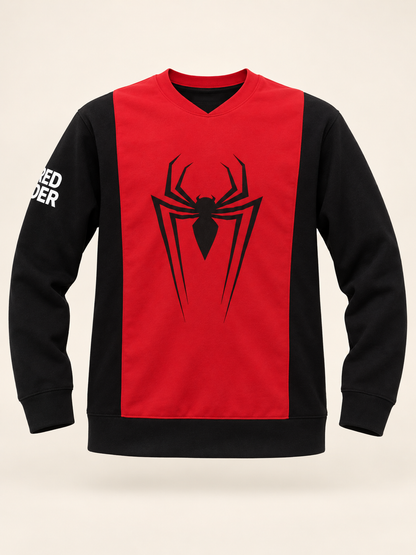 Spider Graphic V Neck Full Sleeve Top - Red Black, full front product view.