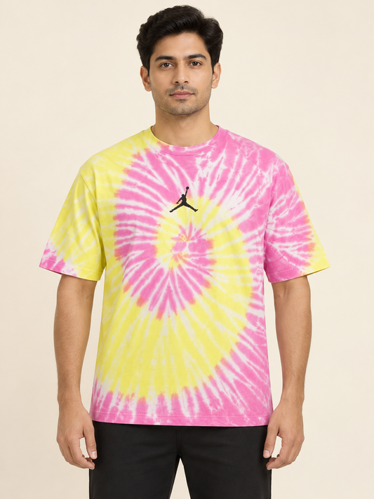 Spiral Tie Dye Graphic Half Sleeve T-Shirt - Pink Yellow on an adult male model, front view.