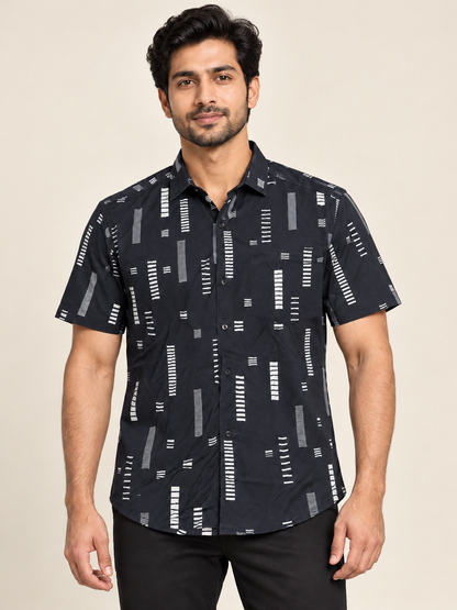 Bar Print Short Sleeve Pocket Shirt - Navy on an adult male model, front view.