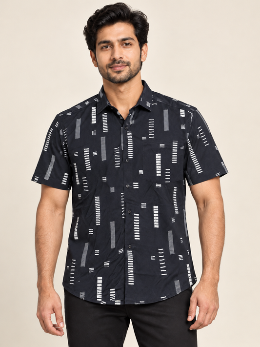 Bar Print Short Sleeve Pocket Shirt - Navy on an adult male model, front view.