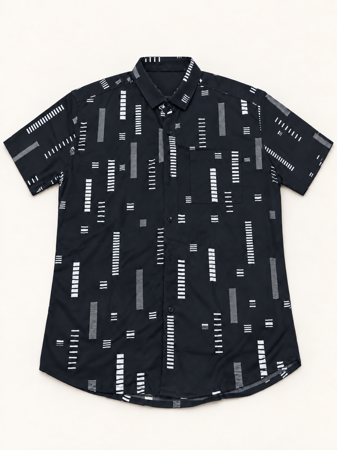 Bar Print Short Sleeve Pocket Shirt - Navy, full front product view.