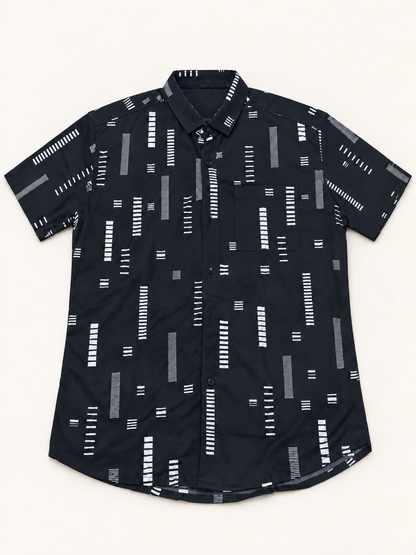 Bar Print Short Sleeve Pocket Shirt - Navy, full front product view.