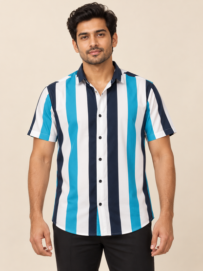 White, navy and turquoise broad vertical striped short sleeve button-front shirt on an adult model.