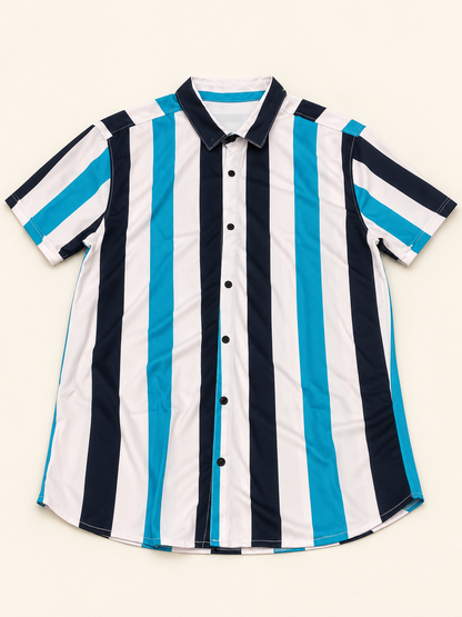 White, navy and turquoise broad vertical striped short sleeve button-front shirt, full front product view.