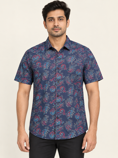 Paisley Print Short Sleeve Pocket Shirt - Navy Blue on an adult male model, front view.