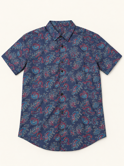 Paisley Print Short Sleeve Pocket Shirt - Navy Blue, full front product view.