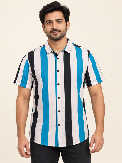 Vertical Stripe Short Sleeve Shirt - Teal Black and Off White on an adult male model, front view.