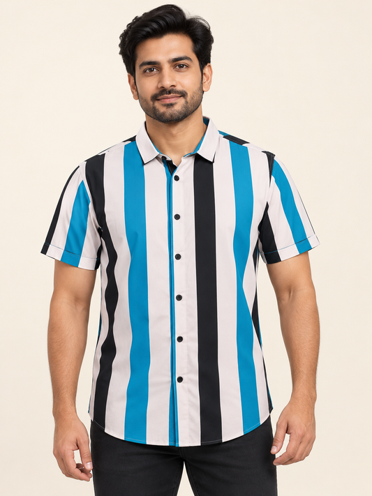 Vertical Stripe Short Sleeve Shirt - Teal Black and Off White on an adult male model, front view.