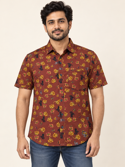 Floral and Motif Print Short Sleeve Pocket Shirt - Rust Brown on an adult male model, front view.