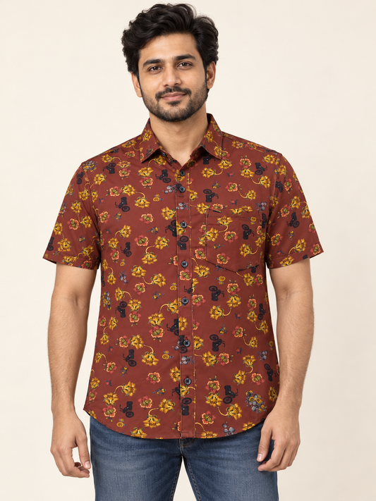 Floral and Motif Print Short Sleeve Pocket Shirt - Rust Brown on an adult male model, front view.