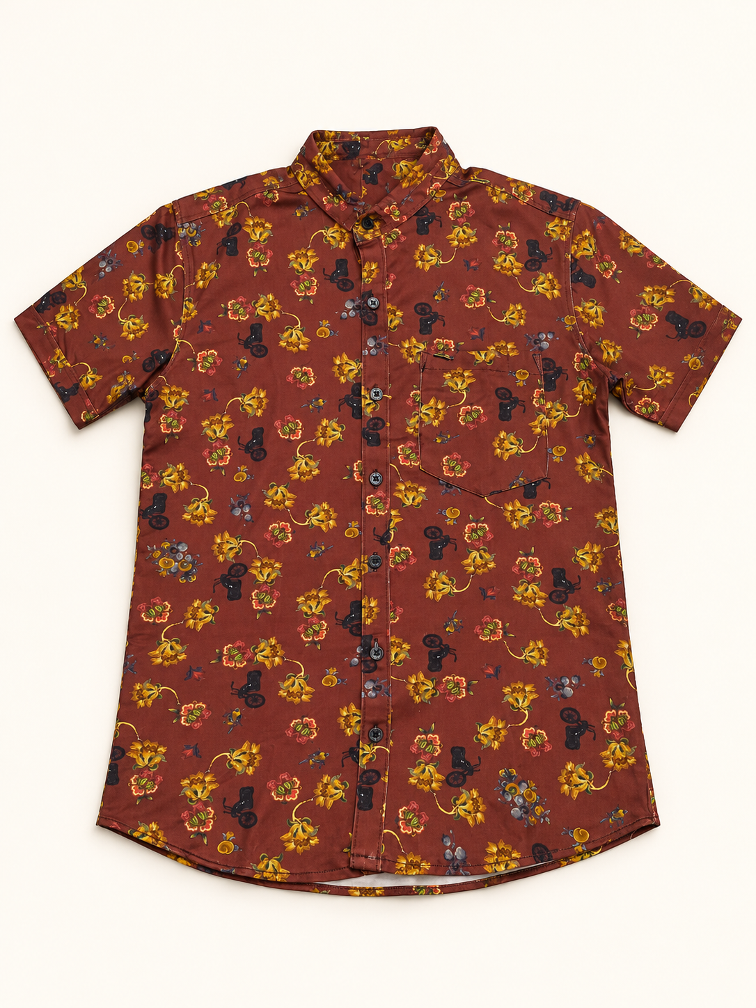 Floral and Motif Print Short Sleeve Pocket Shirt - Rust Brown, full front product view.
