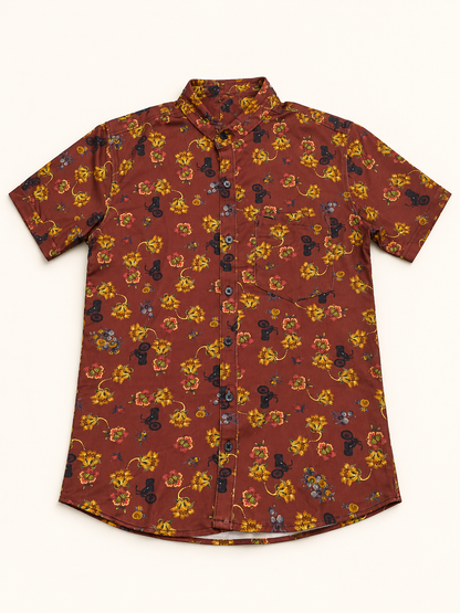 Floral and Motif Print Short Sleeve Pocket Shirt - Rust Brown, full front product view.