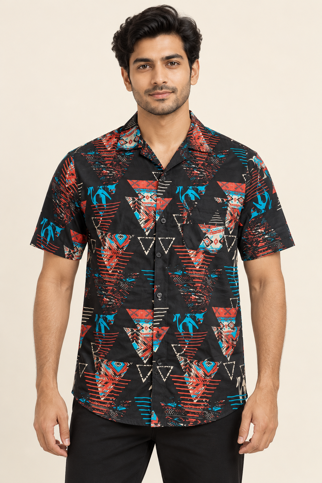 Tribal Geometric Short Sleeve Pocket Shirt - Black Red Blue on an adult male model, front view.
