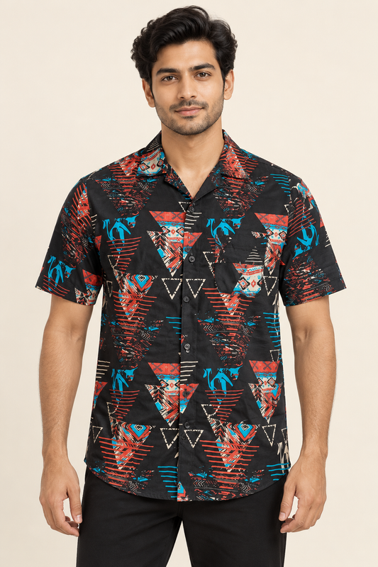 Tribal Geometric Short Sleeve Pocket Shirt - Black Red Blue on an adult male model, front view.