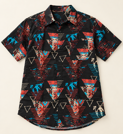 Tribal Geometric Short Sleeve Pocket Shirt - Black Red Blue, full front product view.