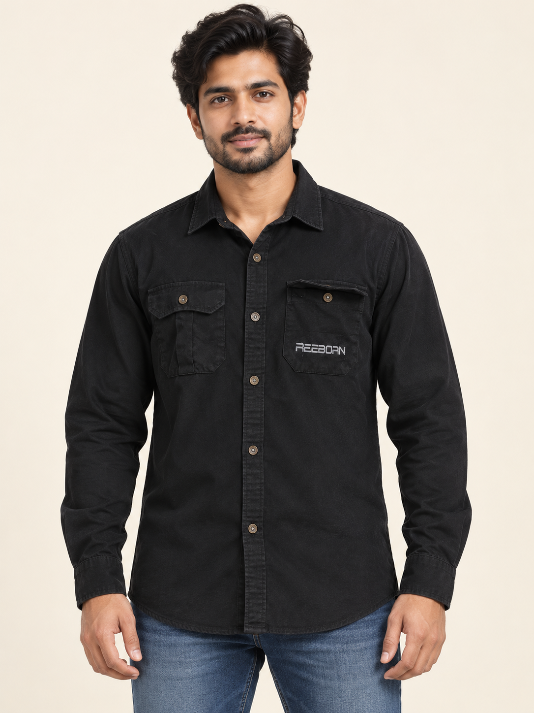 Double Flap Pocket Full Sleeve Shirt - Black on an adult male model, front view.