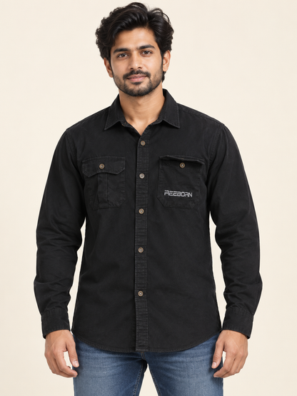 Double Flap Pocket Full Sleeve Shirt - Black on an adult male model, front view.