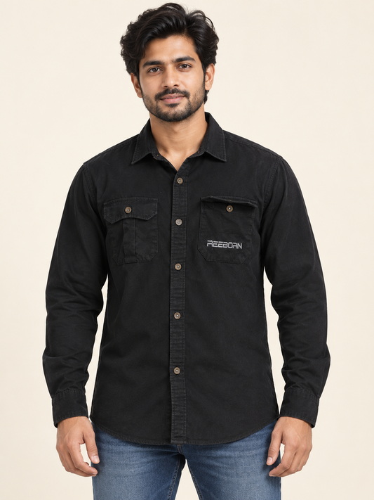 Double Flap Pocket Full Sleeve Shirt - Black on an adult male model, front view.