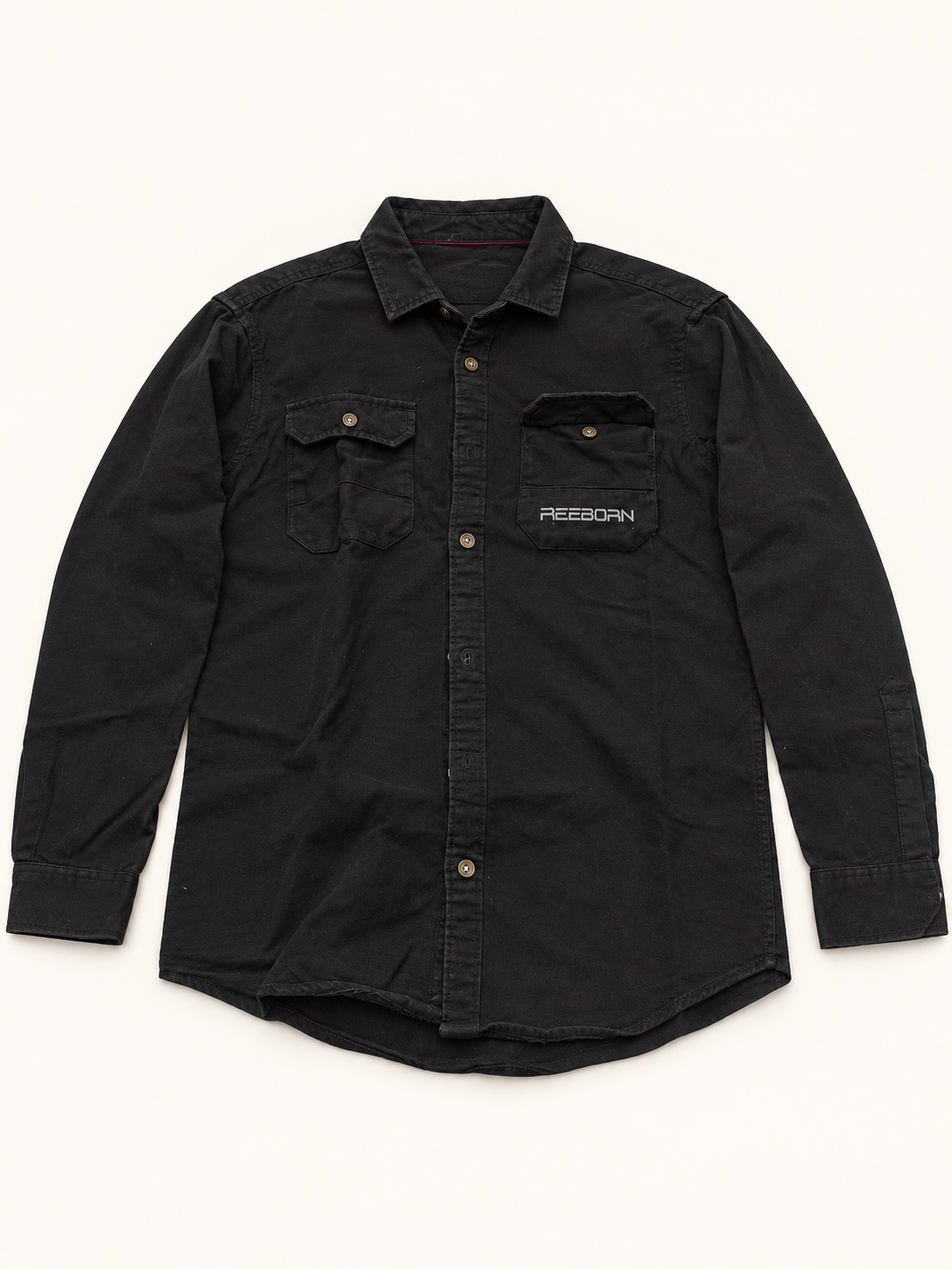 Double Flap Pocket Full Sleeve Shirt - Black, full front product view.