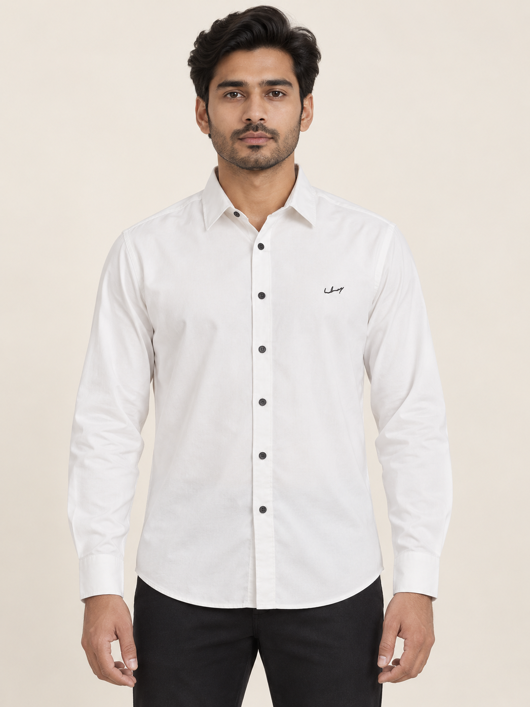 Small Embroidery Full Sleeve Shirt - White on an adult male model, front view.