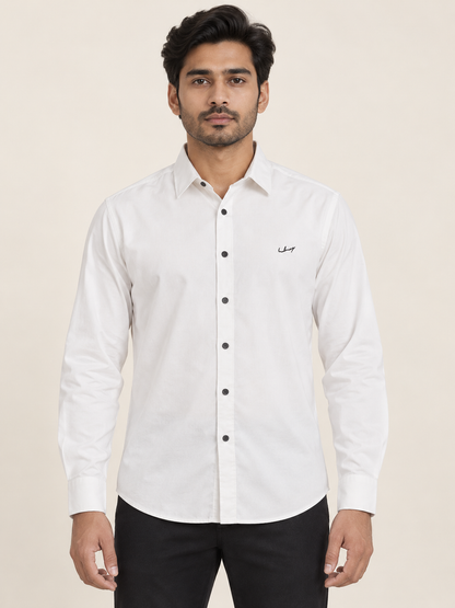 Small Embroidery Full Sleeve Shirt - White on an adult male model, front view.