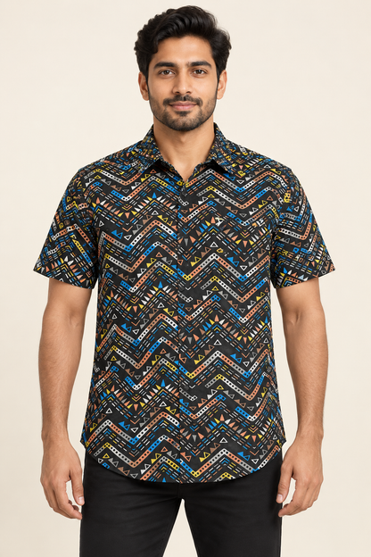 Multicolour Zigzag Short Sleeve Pocket Shirt - Black on an adult male model, front view.