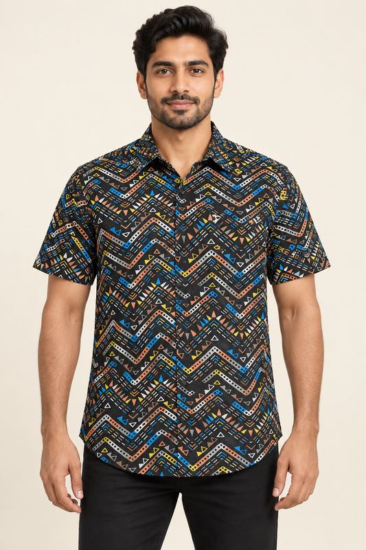 Multicolour Zigzag Short Sleeve Pocket Shirt - Black on an adult male model, front view.