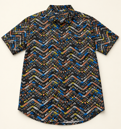 Multicolour Zigzag Short Sleeve Pocket Shirt - Black, full front product view.