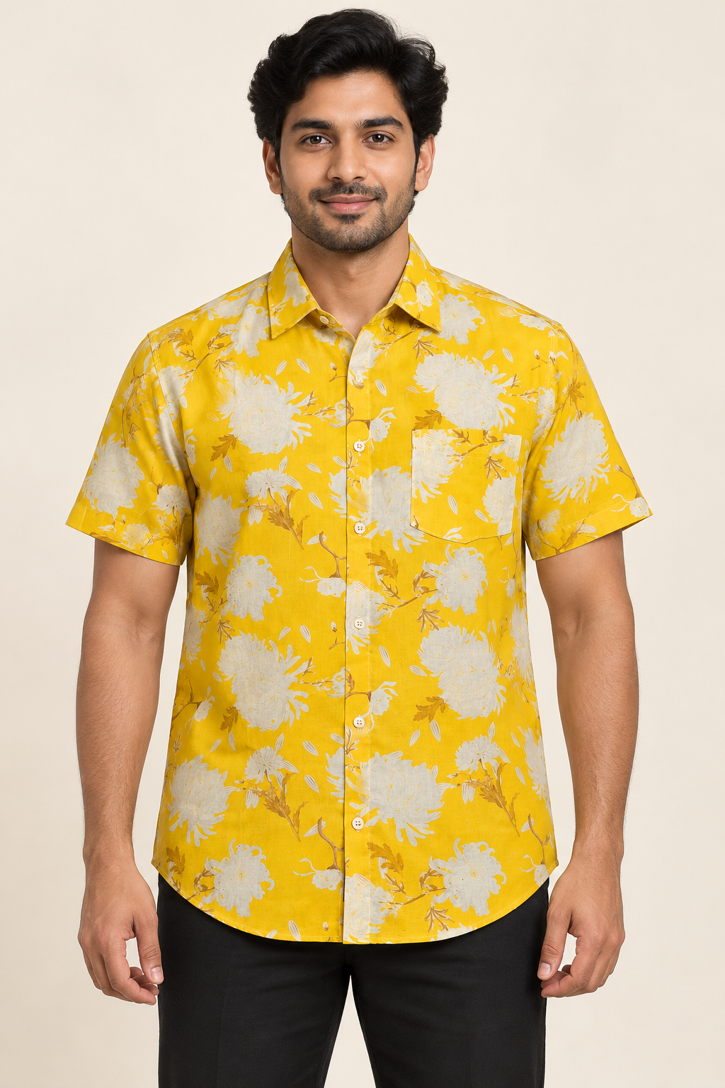 Floral Short Sleeve Pocket Shirt - Yellow White on an adult male model, front view.