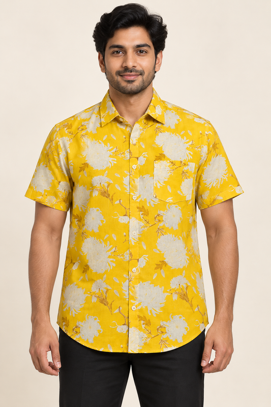 Floral Short Sleeve Pocket Shirt - Yellow White on an adult male model, front view.