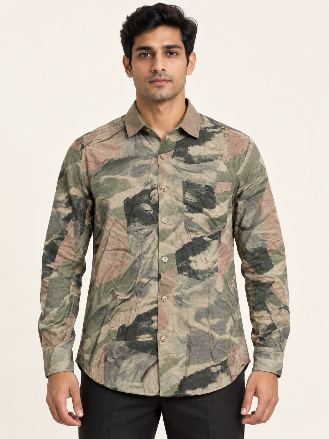Abstract Brush Print Full Sleeve Pocket Shirt - Sage Tan on an adult male model, front view.