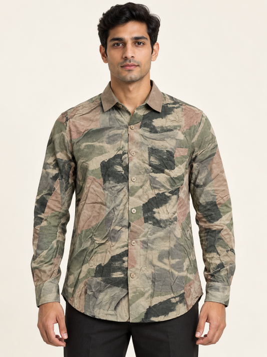 Abstract Brush Print Full Sleeve Pocket Shirt - Sage Tan on an adult male model, front view.