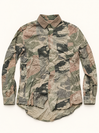 Abstract Brush Print Full Sleeve Pocket Shirt - Sage Tan, full front product view.