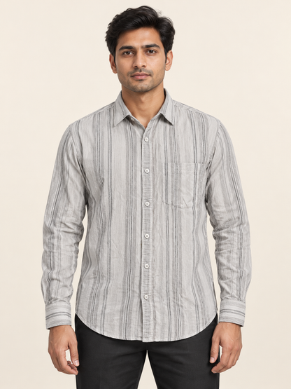 Grouped Stripe Full Sleeve Pocket Shirt - Off White Grey on an adult male model, front view.