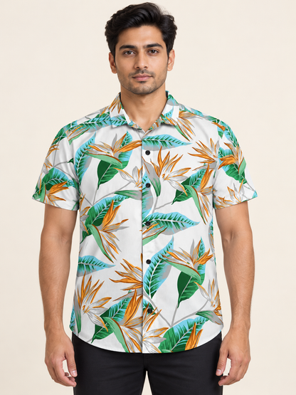 Tropical Leaf Print Half Sleeve Shirt - White Green Ochre on an adult male model, front view.