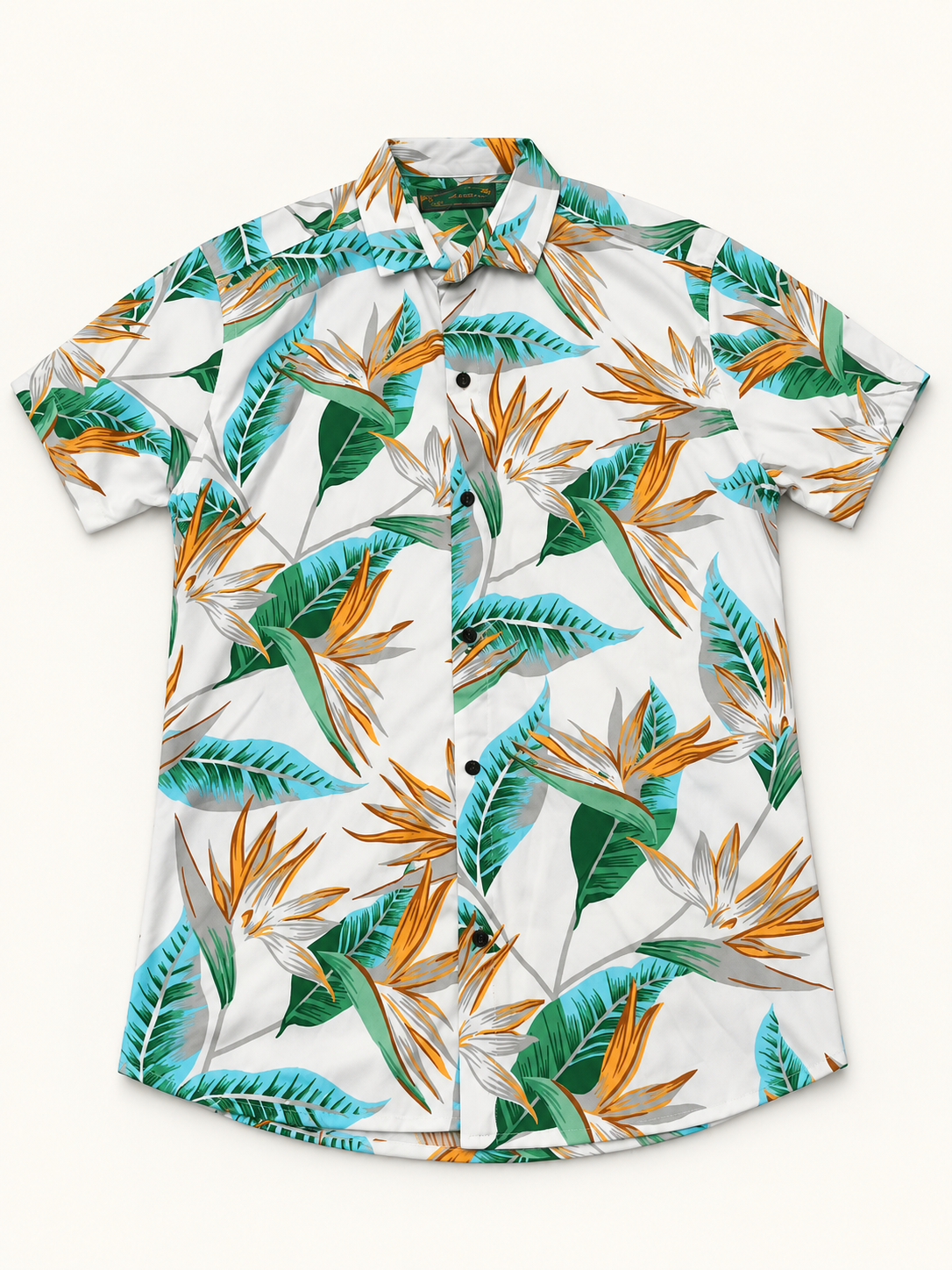 Tropical Leaf Print Half Sleeve Shirt - White Green Ochre, full front product view.