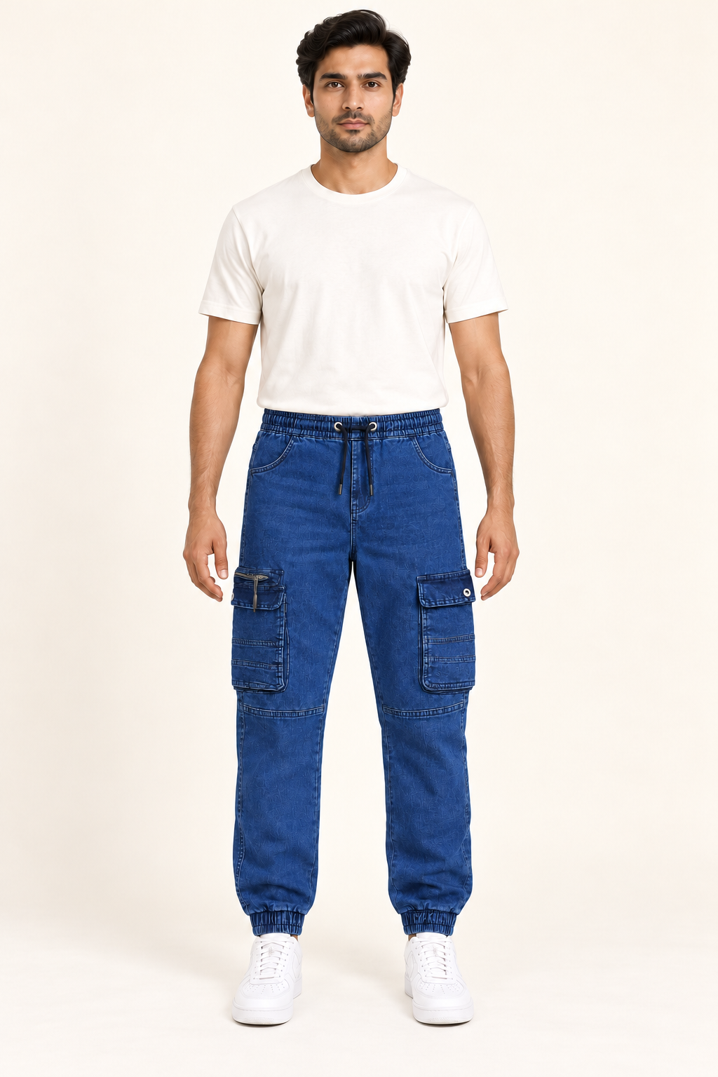 Cargo Joggers with Zip Pocket - Washed Blue on an adult male model, front view.