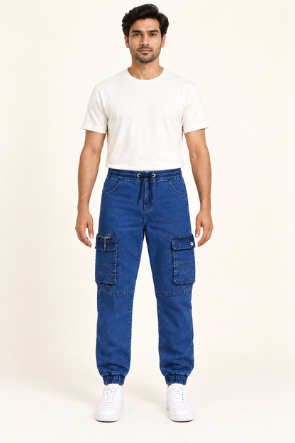 Cargo Joggers with Zip Pocket - Washed Blue on an adult male model, front view.