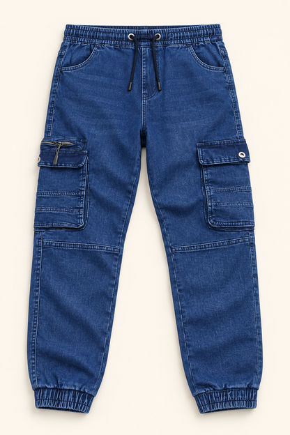 Cargo Joggers with Zip Pocket - Washed Blue, full front product view.
