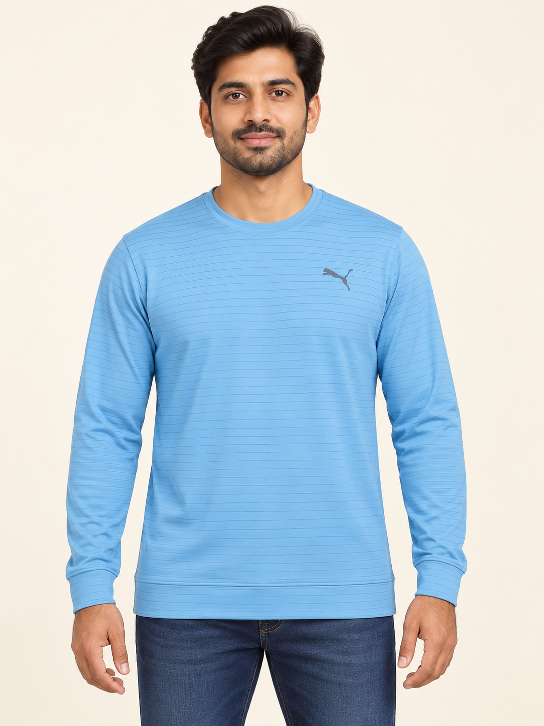 Fine Stripe Cat Emblem Long Sleeve T-Shirt - Sky Blue on an adult male model, front view.