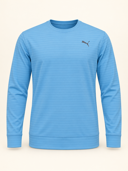 Fine Stripe Cat Emblem Long Sleeve T-Shirt - Sky Blue, full front product view.